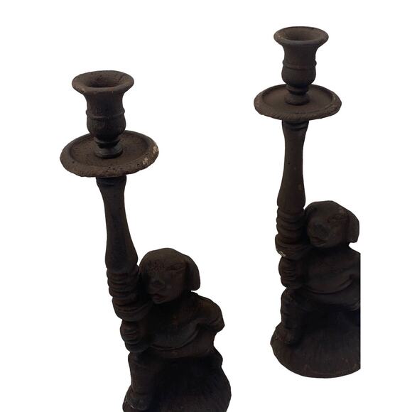Vintage Cast Metal Iron Dogs Candlestick Candle Holder Set of 2 Dog Decor 12" - Picture 7 of 11